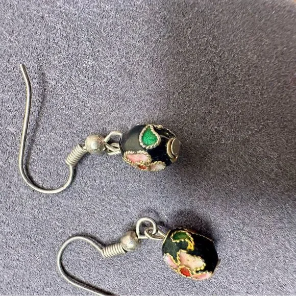 Vintage Cloisonné Enamel Bead Earrings Black Floral Drop Dangles Hand-Painted - Picture 7 of 11